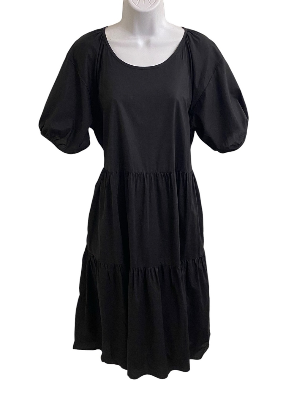 EVERLANE Black Puff-Sleeve Tiered Midi Dress Size 6 Crisp Airy Cotton Breezy - Picture 6 of 12
